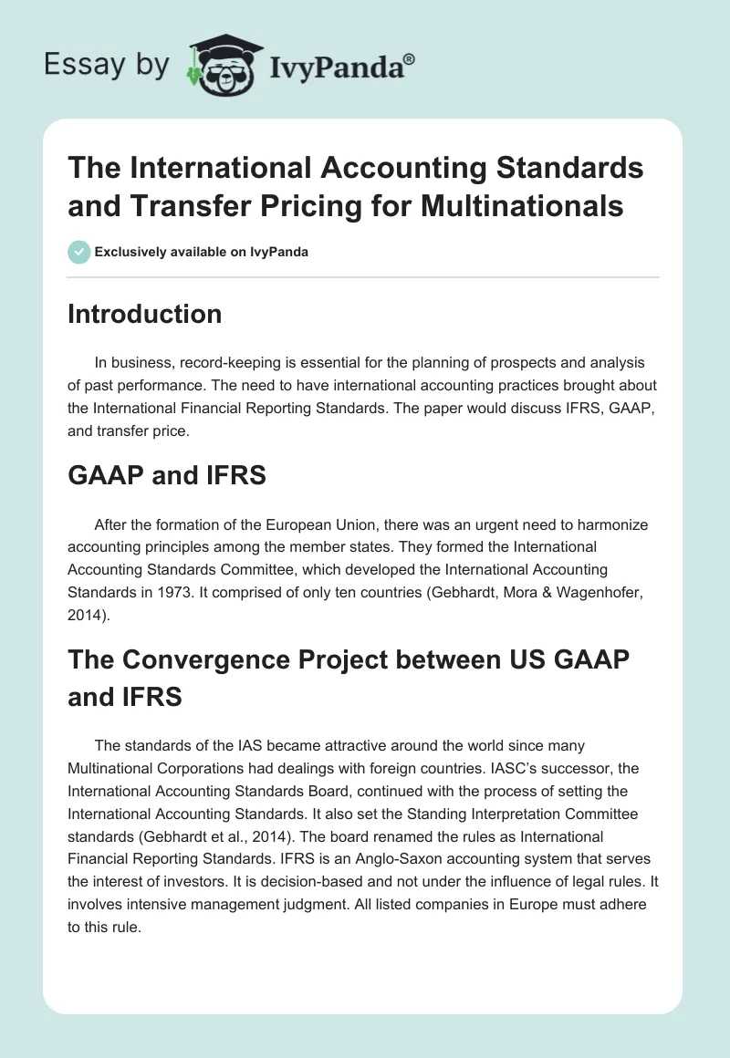 The International Accounting Standards and Transfer Pricing for Multinationals. Page 1