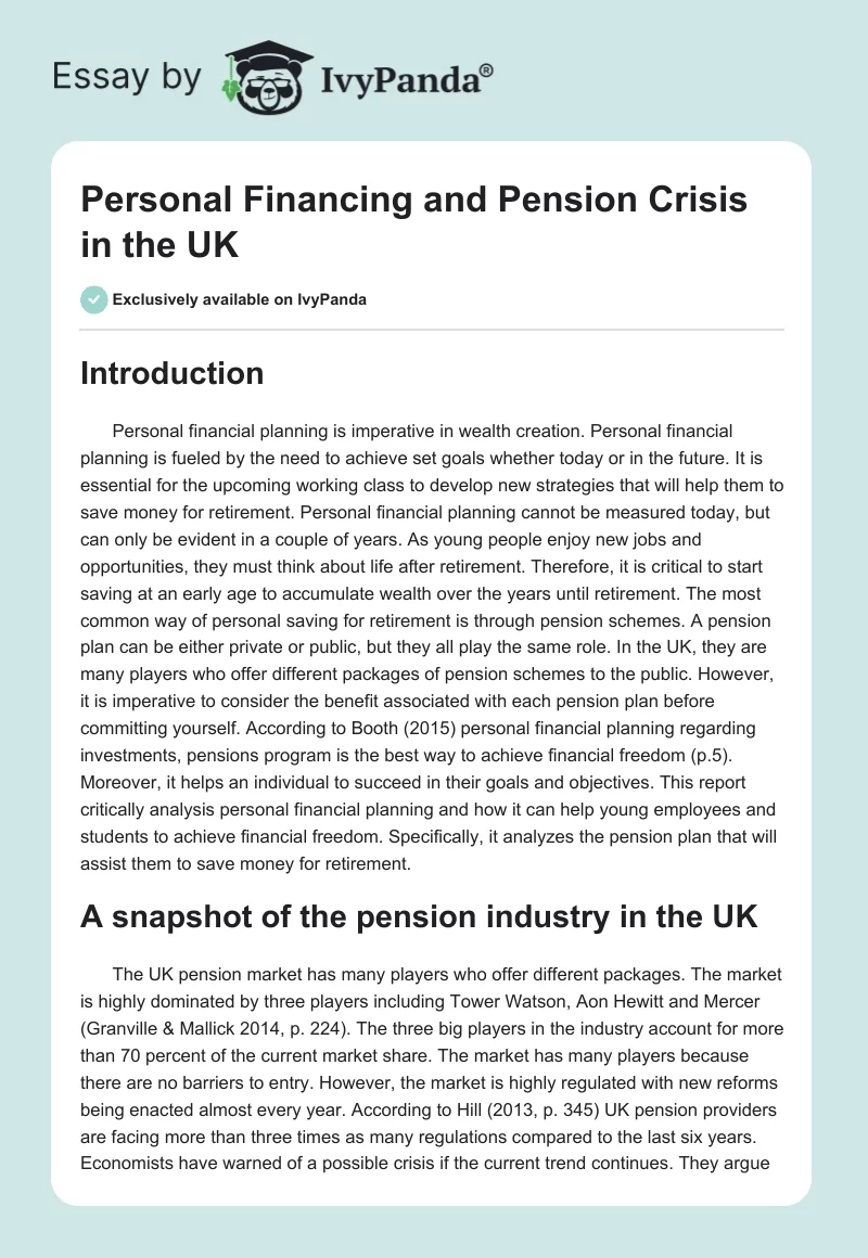 Personal Financing and Pension Crisis in the UK. Page 1