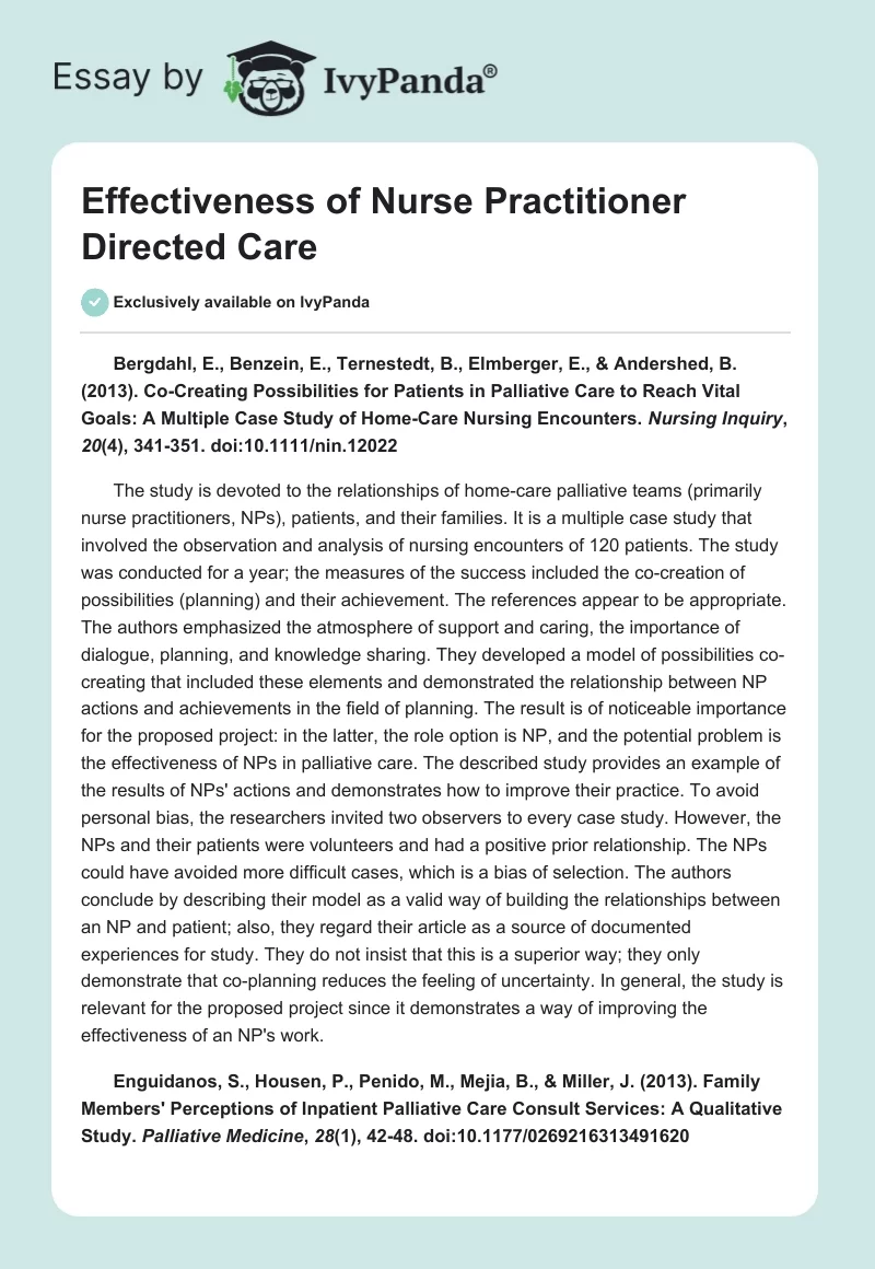 Effectiveness of Nurse Practitioner Directed Care. Page 1