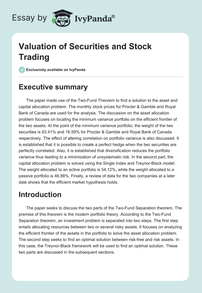 Valuation of Securities and Stock Trading. Page 1