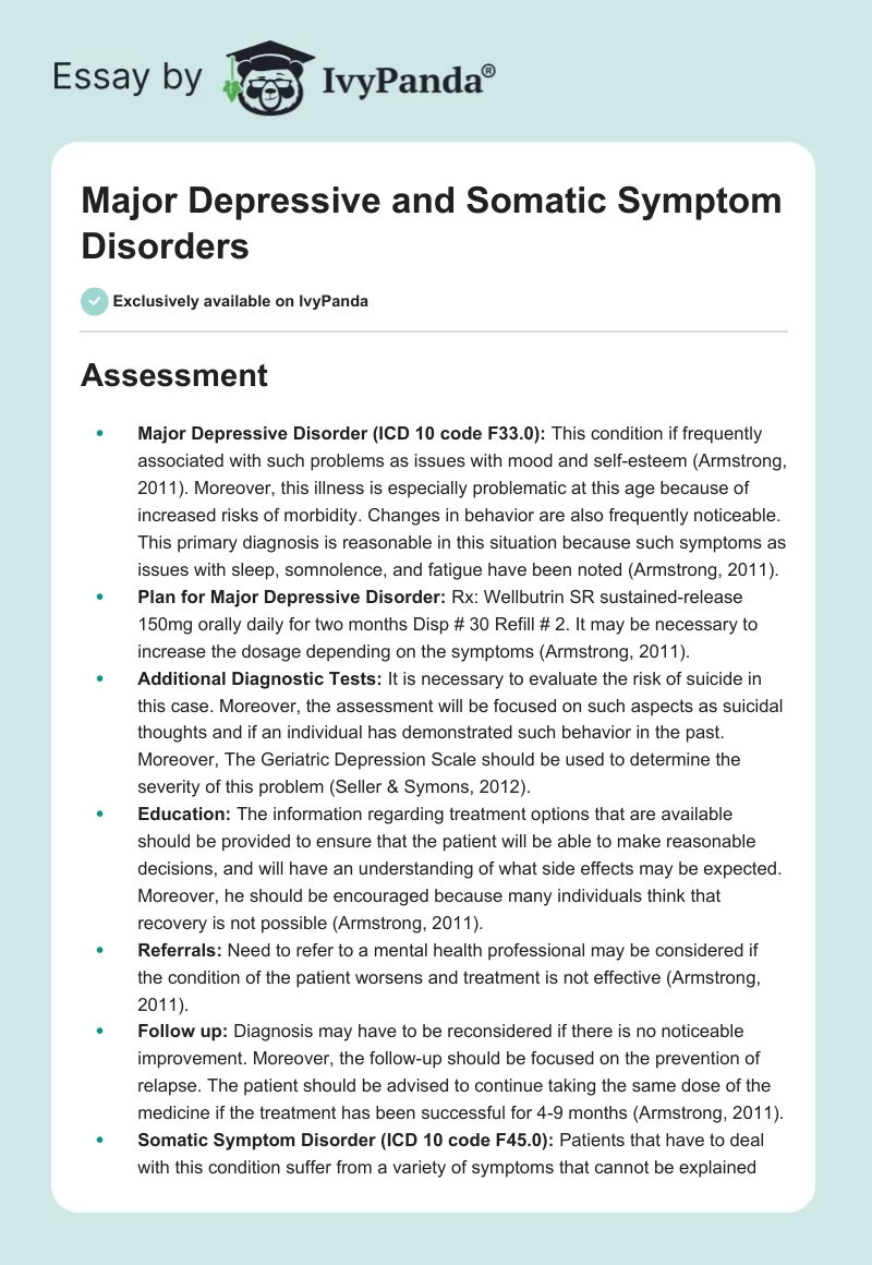 Major Depressive and Somatic Symptom Disorders. Page 1