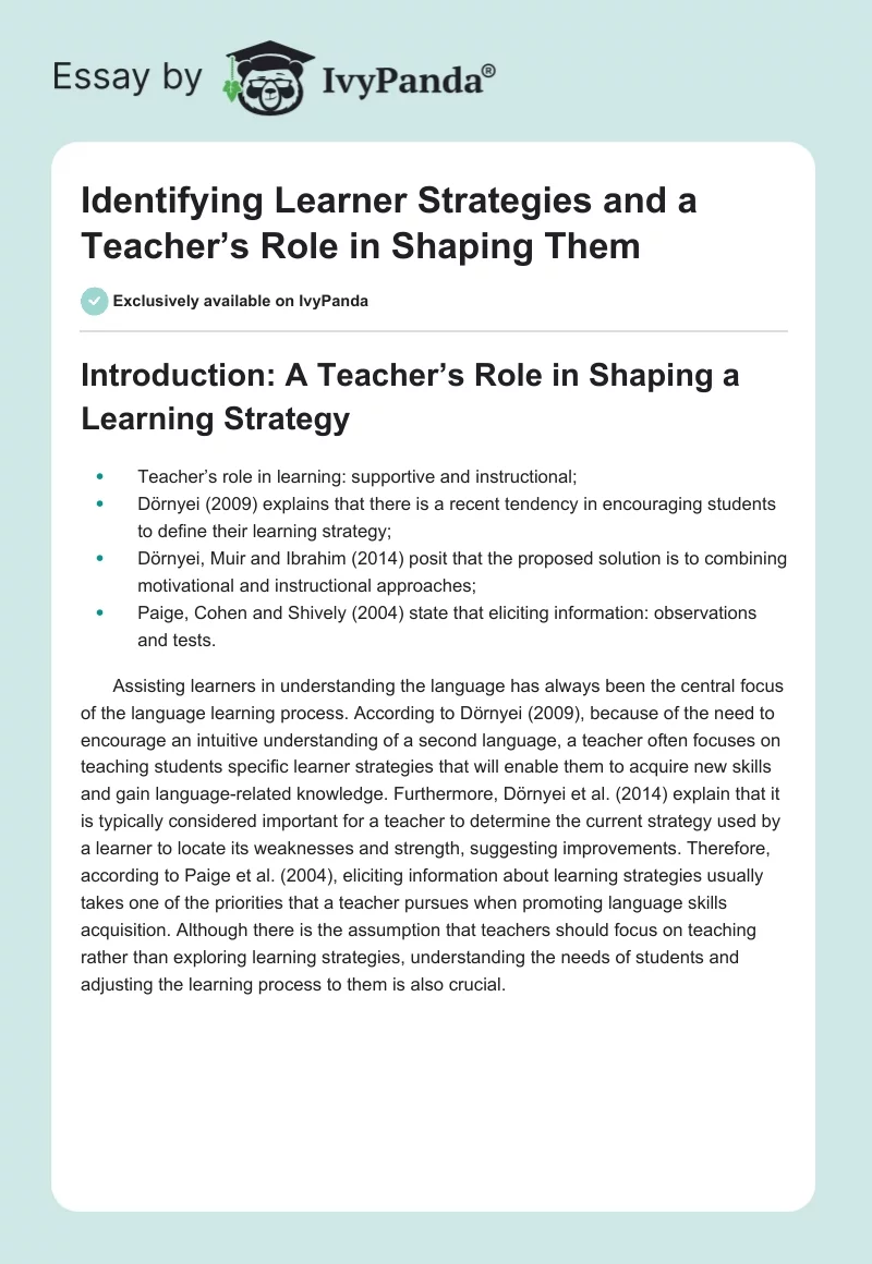 Identifying Learner Strategies and a Teacher’s Role in Shaping Them. Page 1