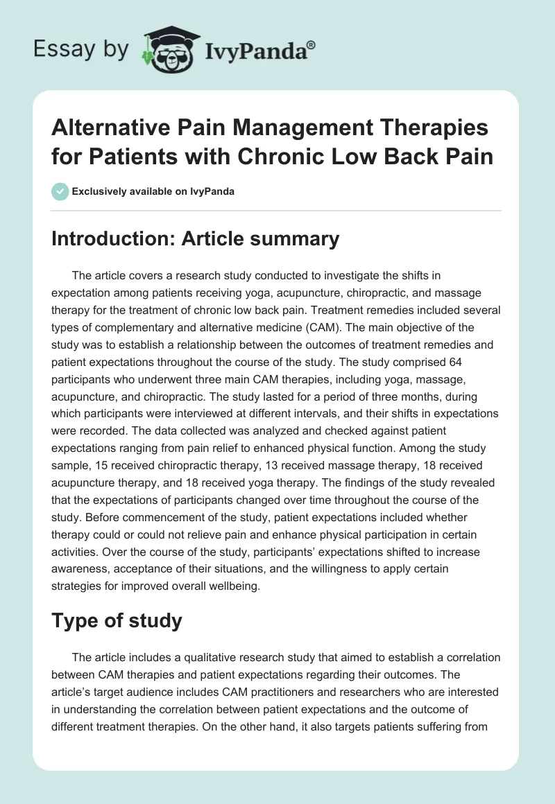 Alternative Pain Management Therapies for Patients with Chronic Low Back Pain. Page 1