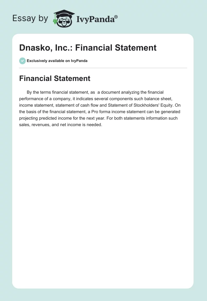 Dnasko, Inc.: Financial Statement. Page 1