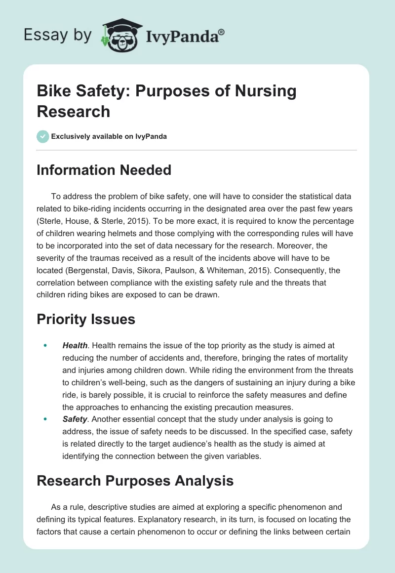 Bike Safety: Purposes of Nursing Research. Page 1