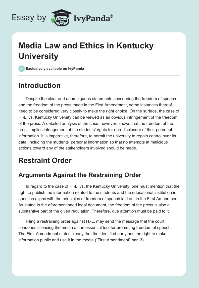 Media Law and Ethics in Kentucky University. Page 1