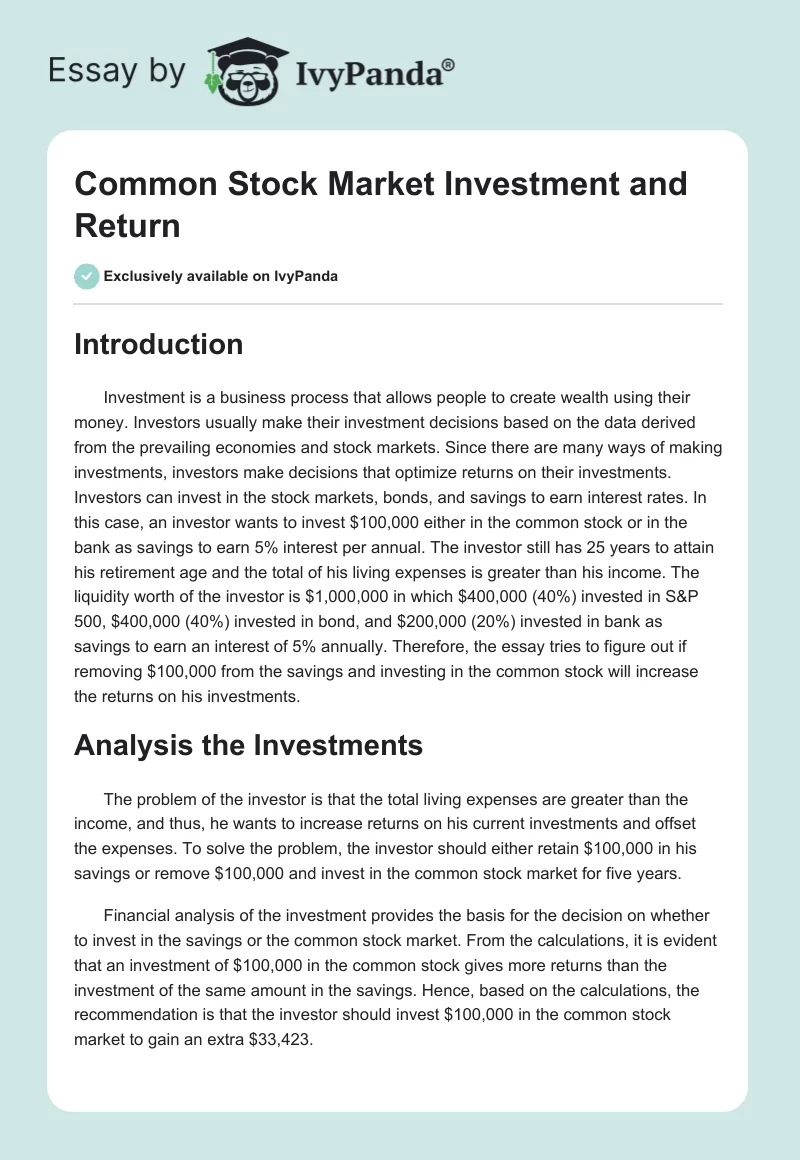Common Stock Market Investment and Return. Page 1