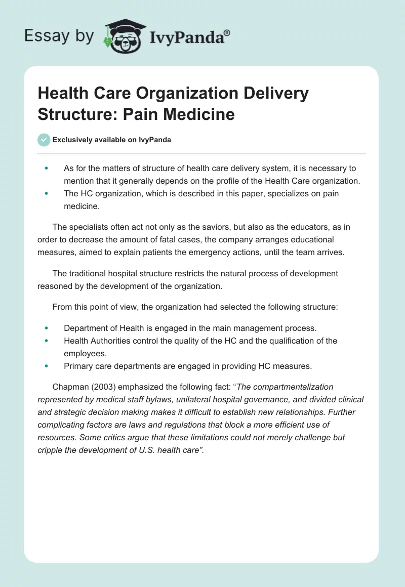 Health Care Organization Delivery Structure: Pain Medicine. Page 1
