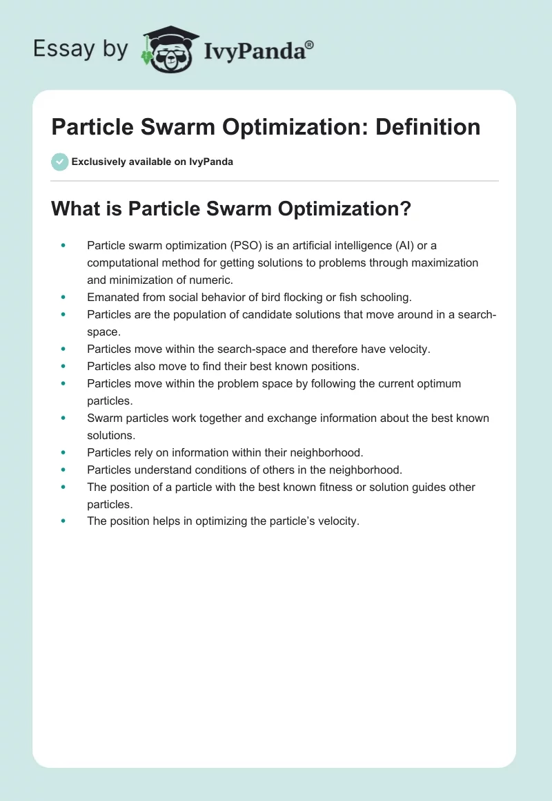 Particle Swarm Optimization: Definition. Page 1