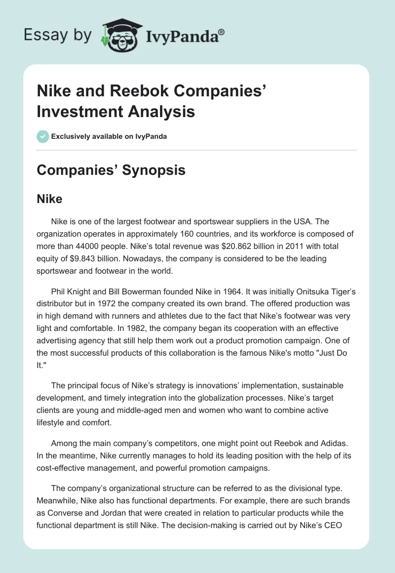 Nike and Reebok Companies’ Investment Analysis. Page 1