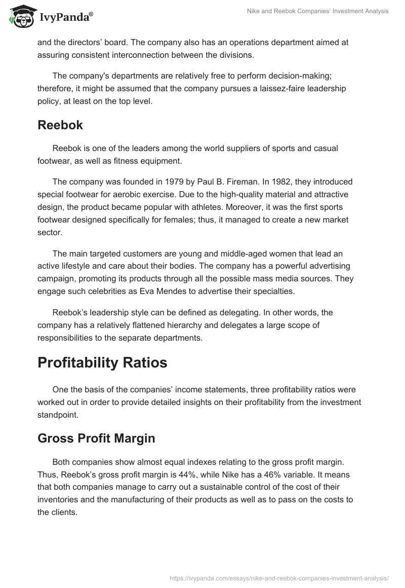 Nike and Reebok Companies’ Investment Analysis. Page 2