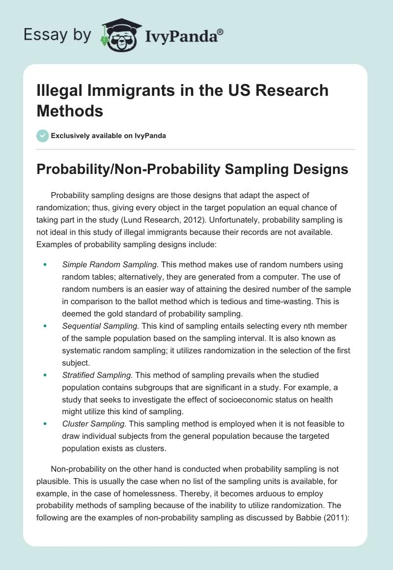 Illegal Immigrants in the US Research Methods. Page 1