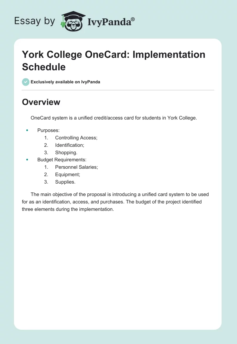 York College OneCard: Implementation Schedule. Page 1