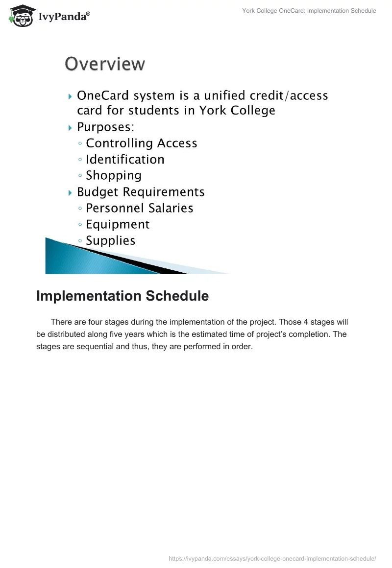 York College OneCard: Implementation Schedule. Page 2