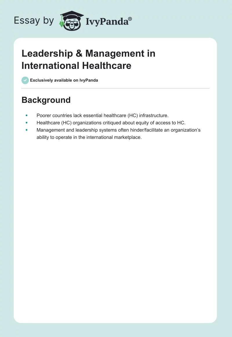 Leadership & Management in International Healthcare. Page 1