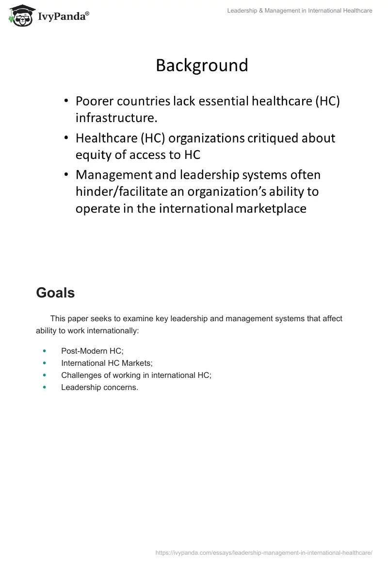 Leadership & Management in International Healthcare. Page 2