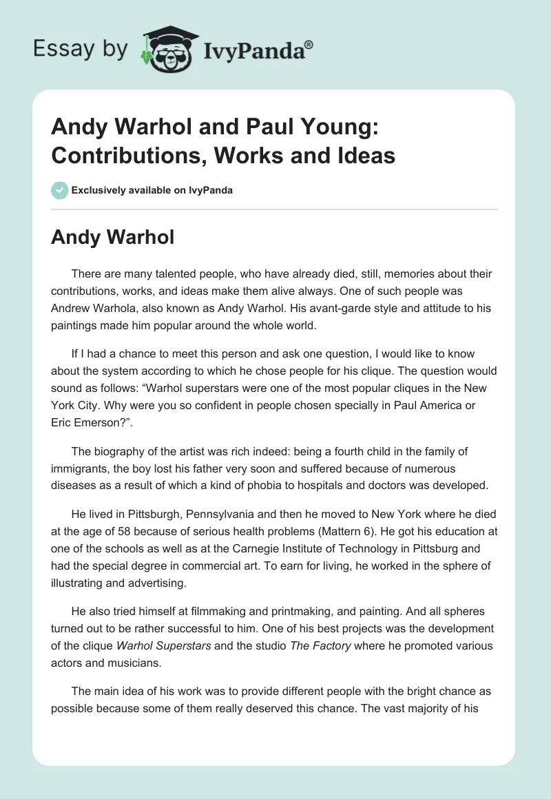 Andy Warhol and Paul Young: Contributions, Works and Ideas. Page 1