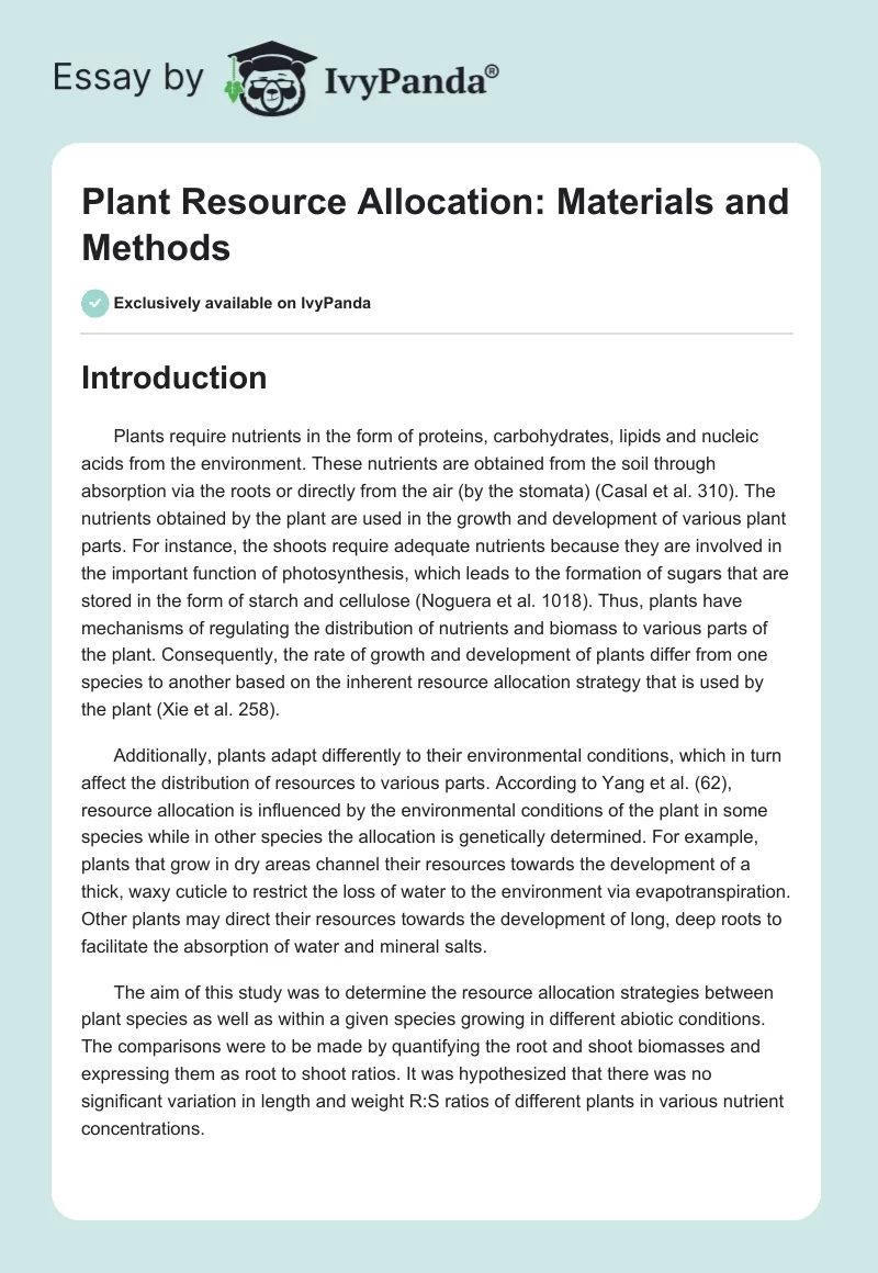 Plant Resource Allocation: Materials and Methods. Page 1