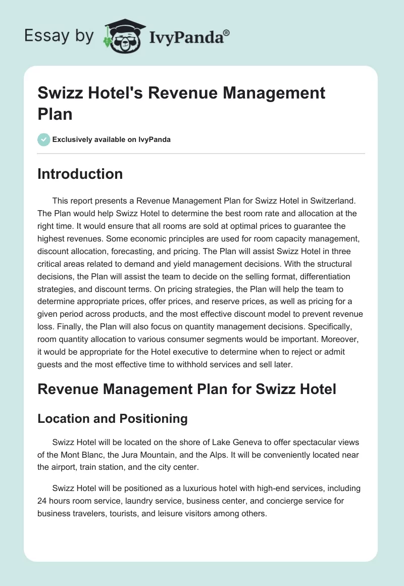 Swizz Hotel's Revenue Management Plan. Page 1