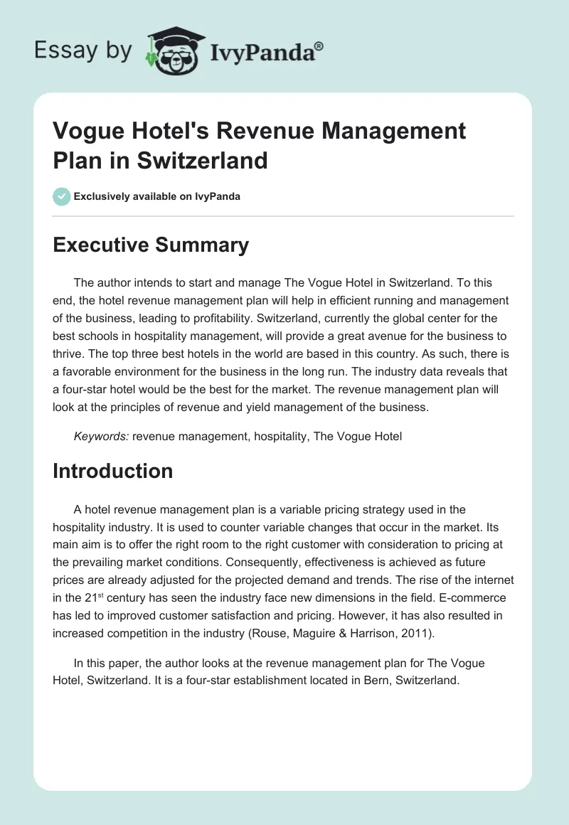 Vogue Hotel's Revenue Management Plan in Switzerland. Page 1
