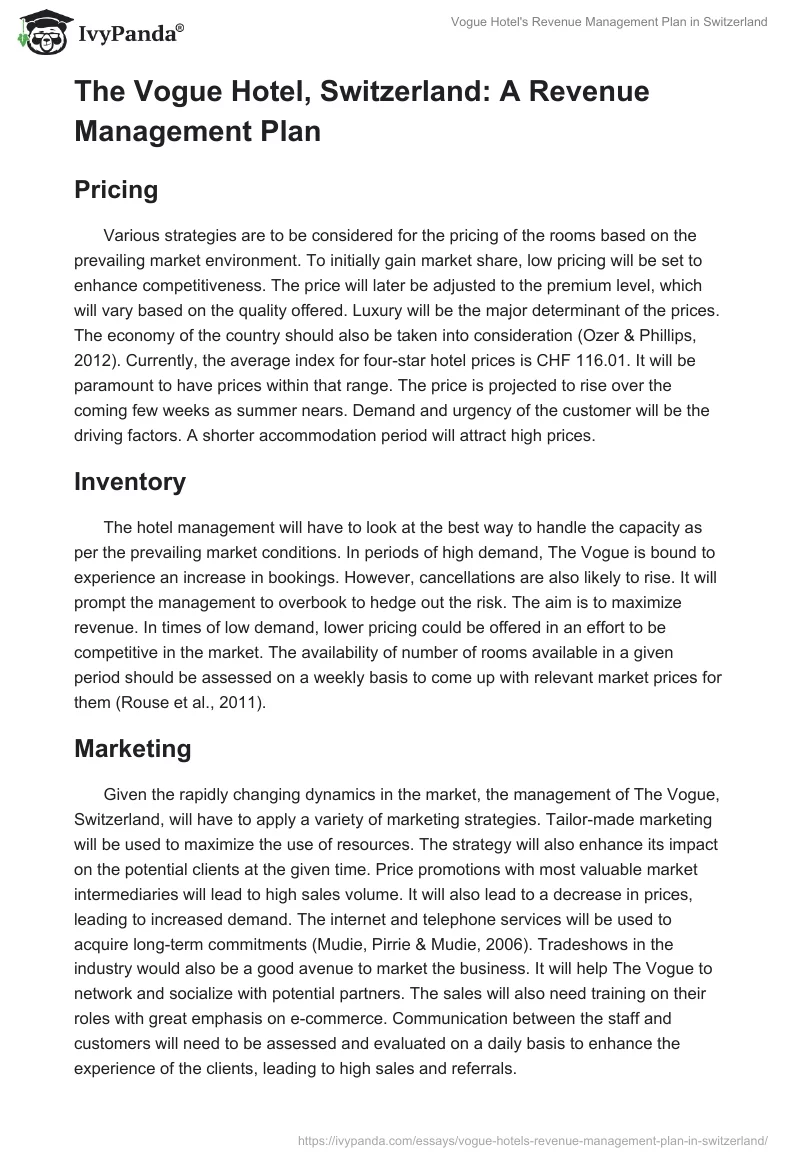 Vogue Hotel's Revenue Management Plan in Switzerland. Page 2