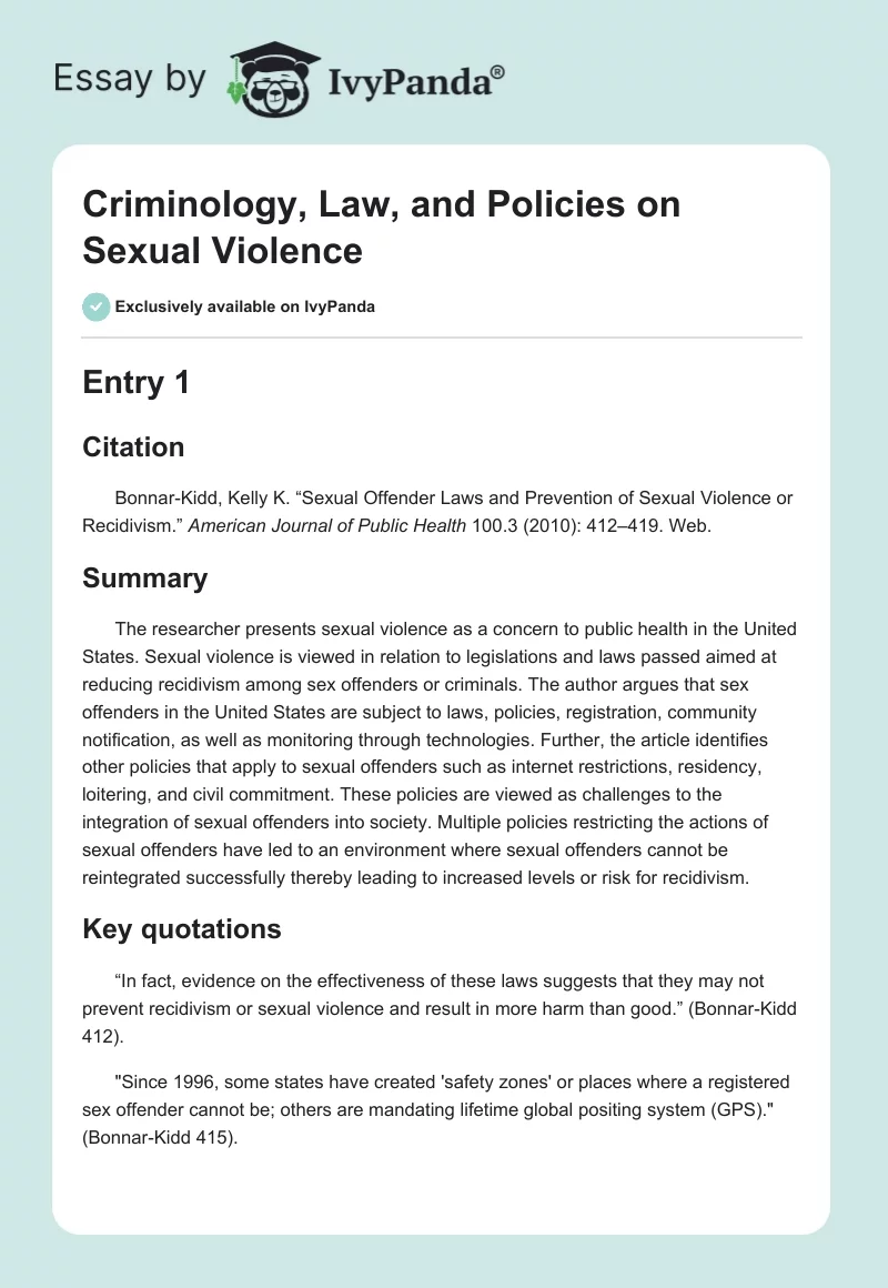 Criminology, Law, and Policies on Sexual Violence. Page 1
