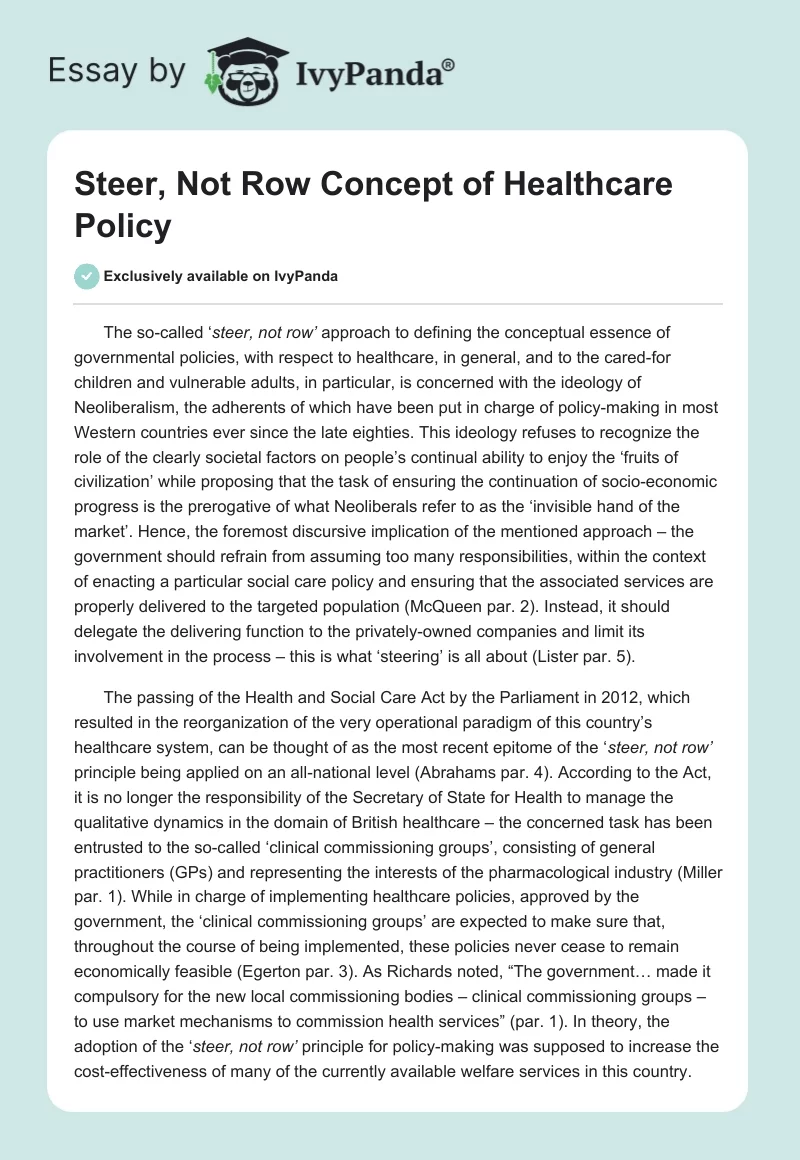 Steer, Not Row Concept of Healthcare Policy. Page 1