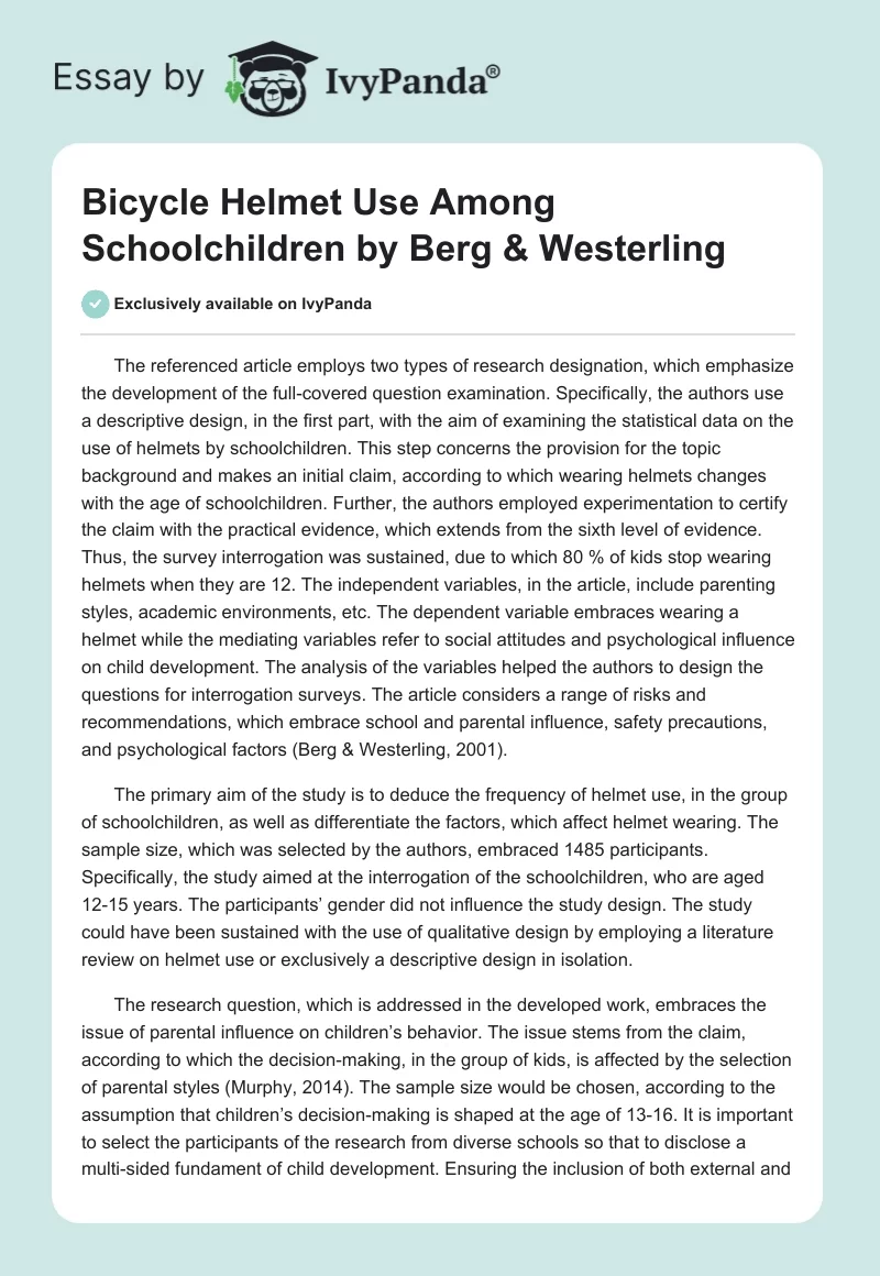 "Bicycle Helmet Use Among Schoolchildren" by Berg & Westerling. Page 1