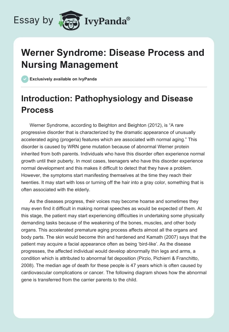 Werner Syndrome: Disease Process and Nursing Management. Page 1