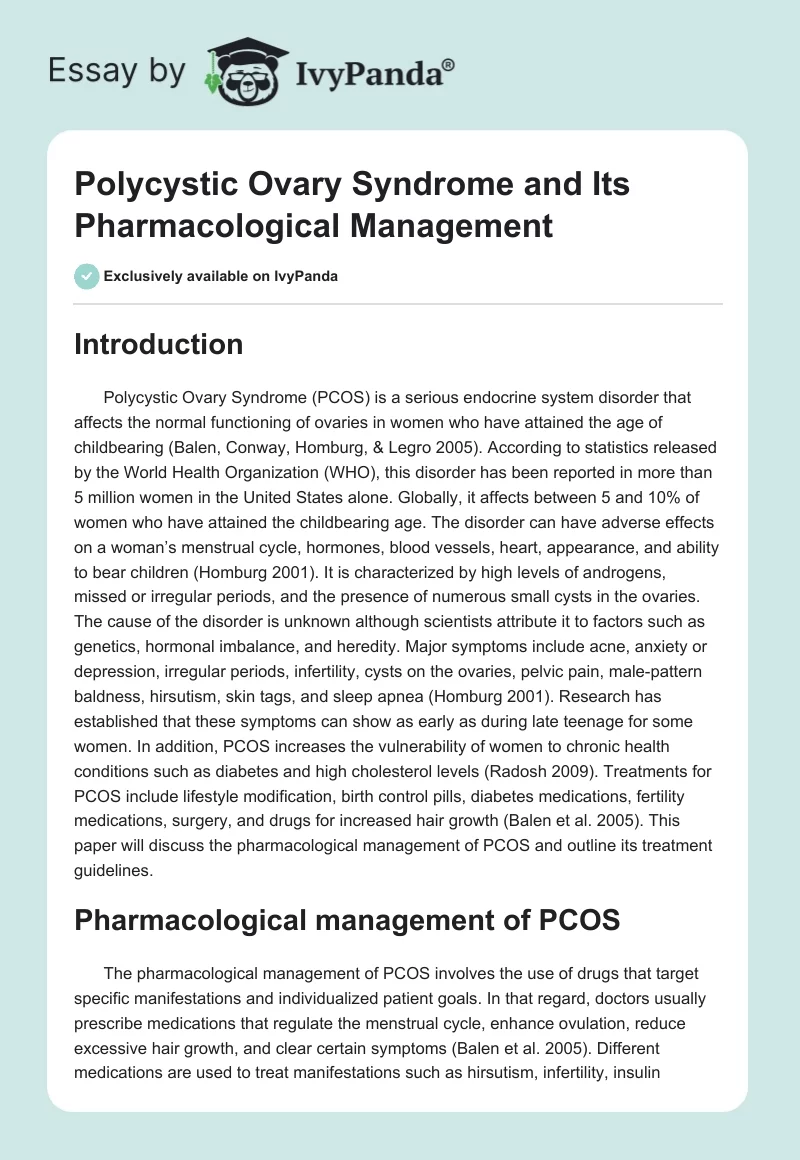 Polycystic Ovary Syndrome and Its Pharmacological Management. Page 1