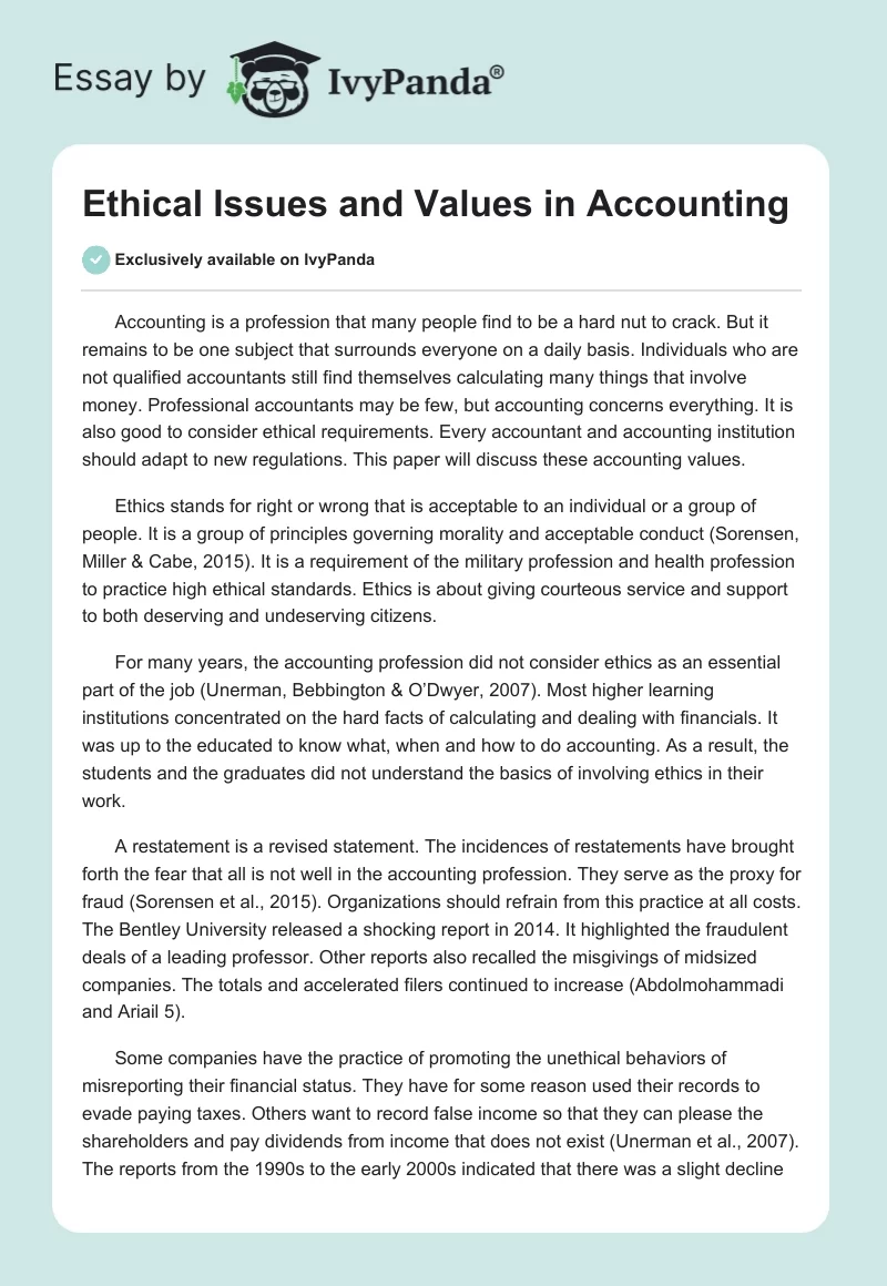 Ethical Issues and Values in Accounting. Page 1