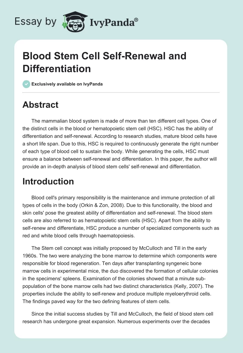 Blood Stem Cell Self-Renewal and Differentiation. Page 1