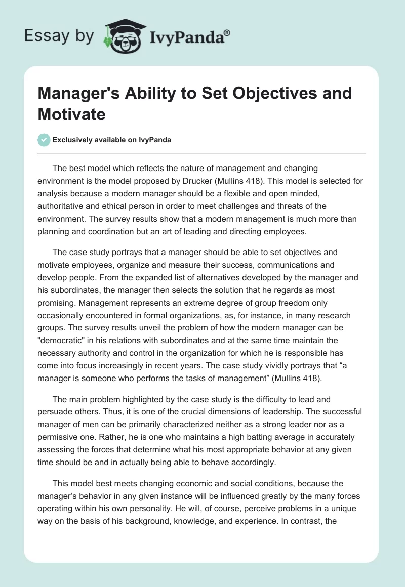 Manager's Ability to Set Objectives and Motivate - 893 Words ...