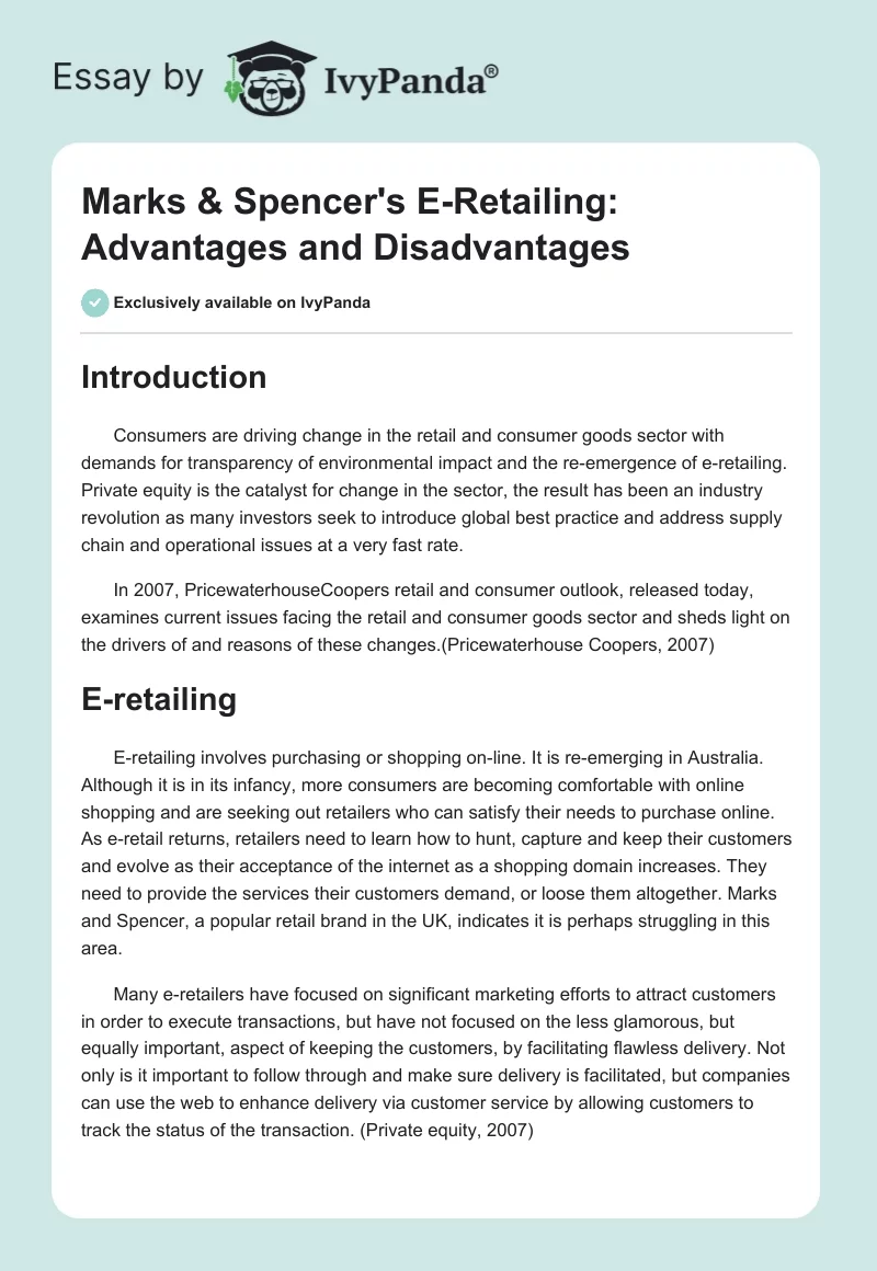 Marks & Spencer's E-Retailing: Advantages and Disadvantages. Page 1