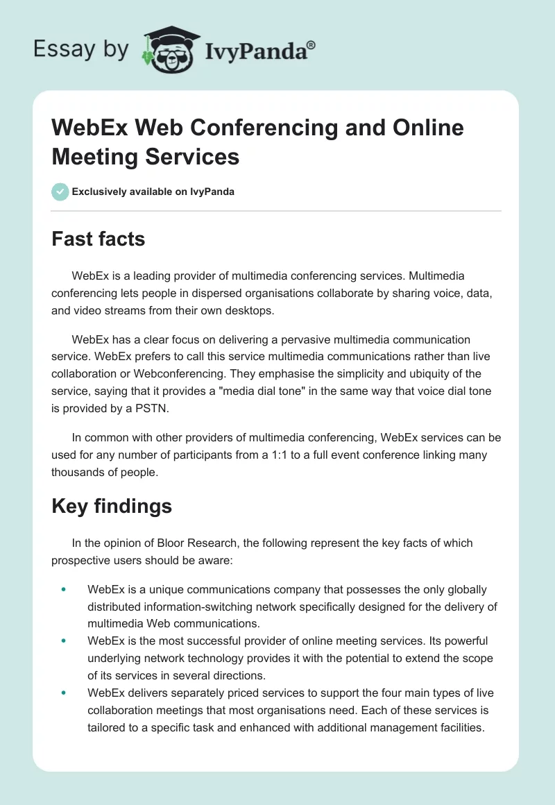 WebEx Web Conferencing and Online Meeting Services. Page 1