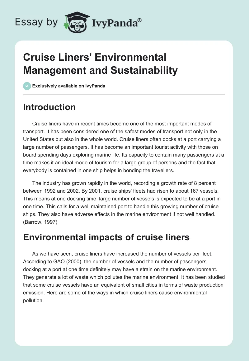 Cruise Liners' Environmental Management and Sustainability. Page 1