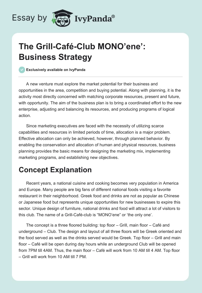 The Grill-Café-Club MONO’ene’: Business Strategy. Page 1