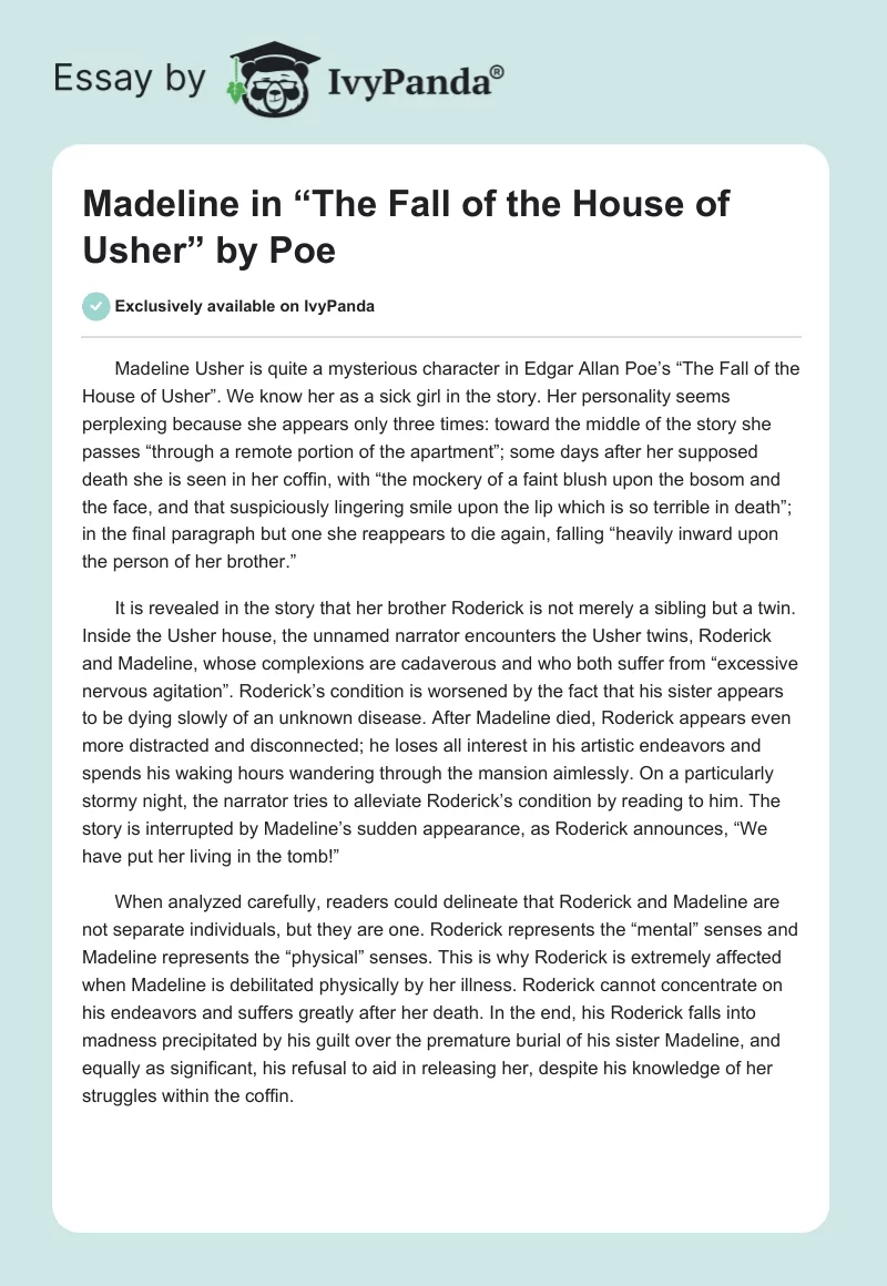 Madeline in “The Fall of the House of Usher” by Poe. Page 1