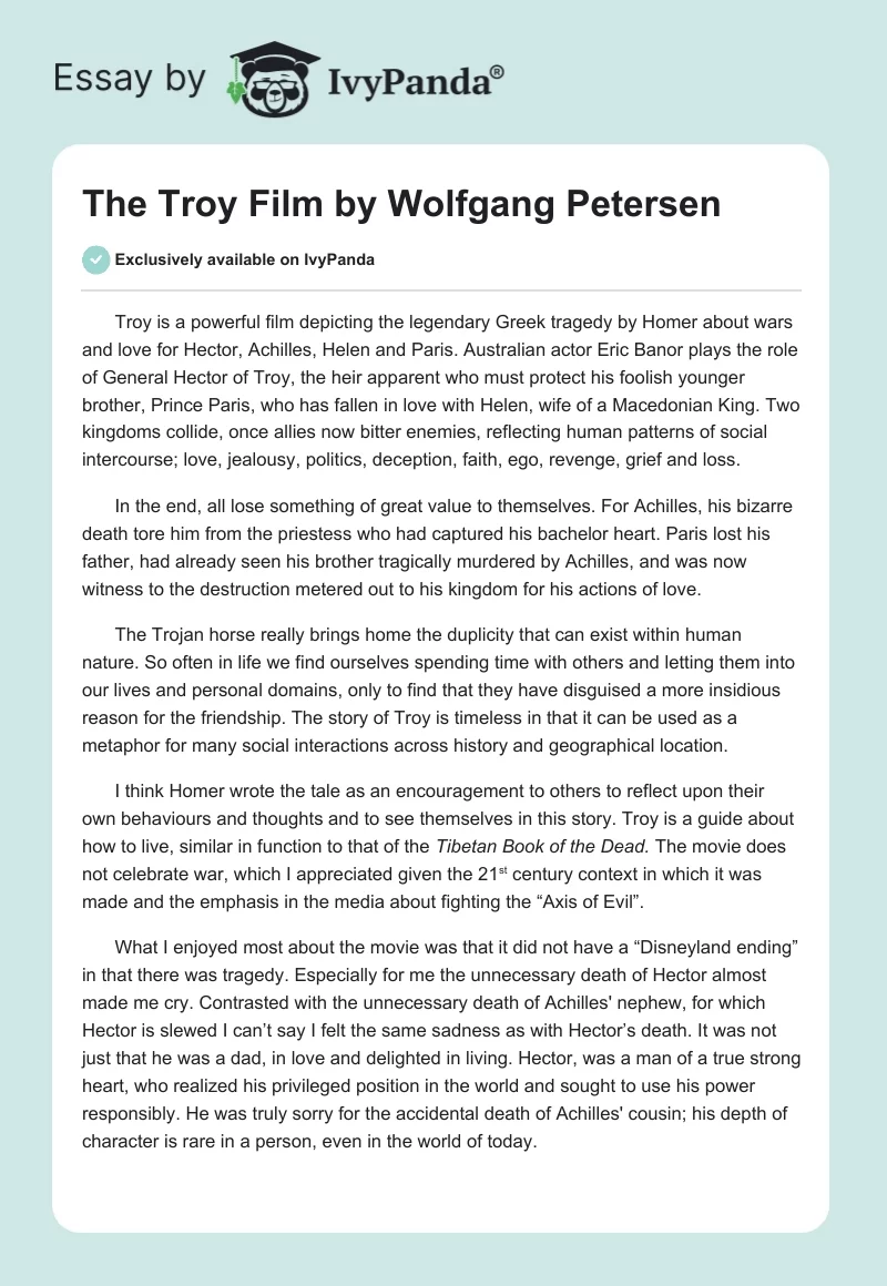 The "Troy" Film by Wolfgang Petersen. Page 1