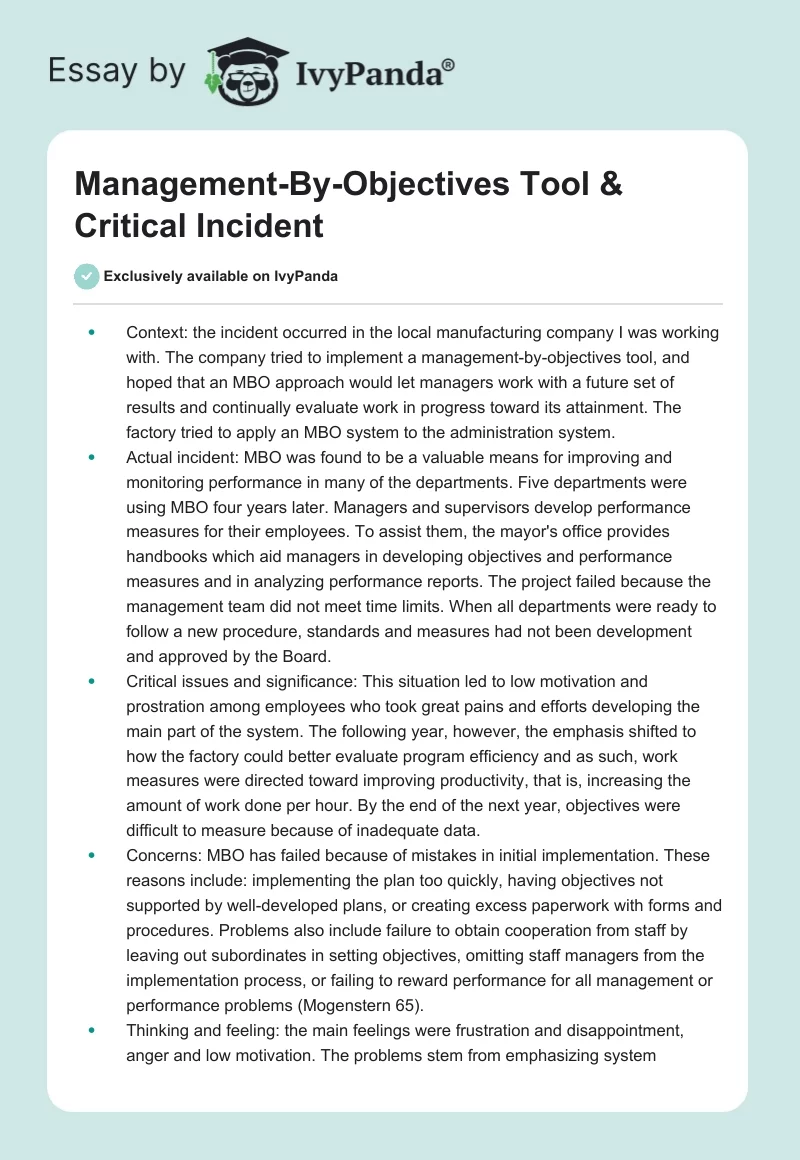 Management-By-Objectives Tool & Critical Incident. Page 1