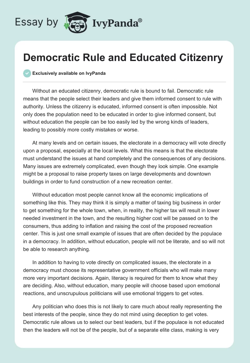 Democratic Rule and Educated Citizenry. Page 1