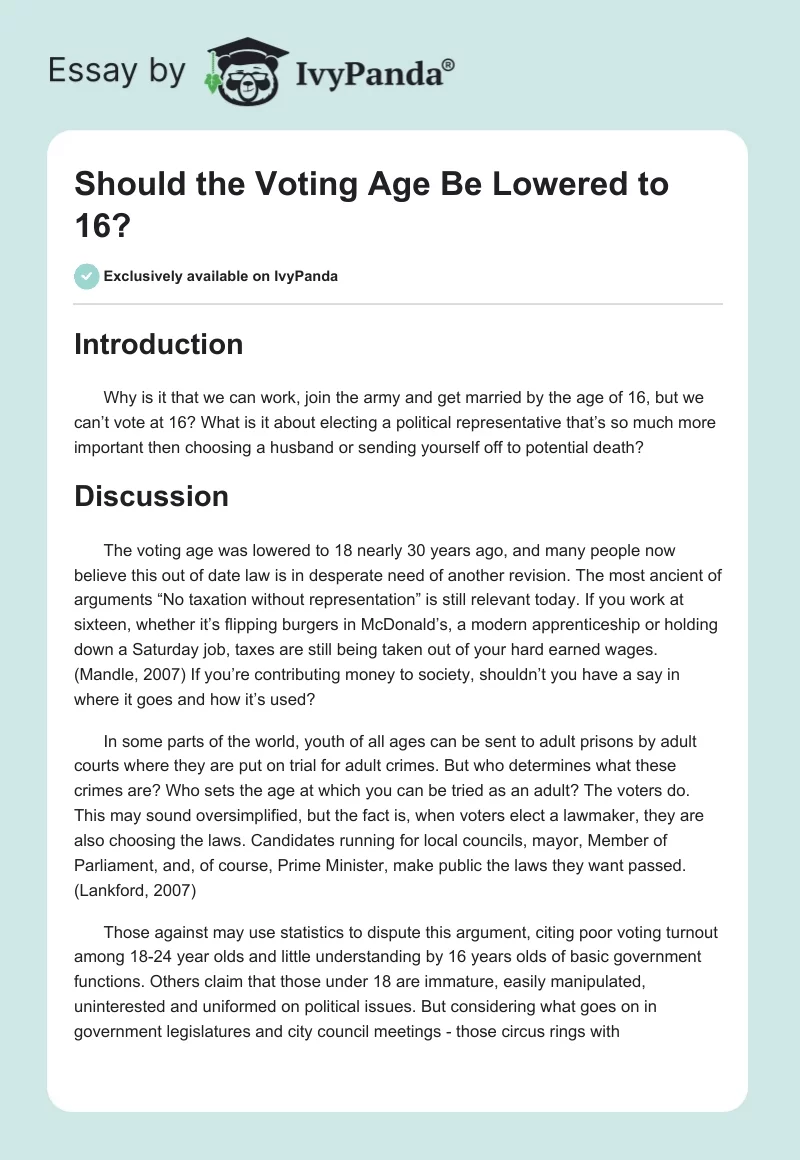 Should the Voting Age Be Lowered to 16?. Page 1