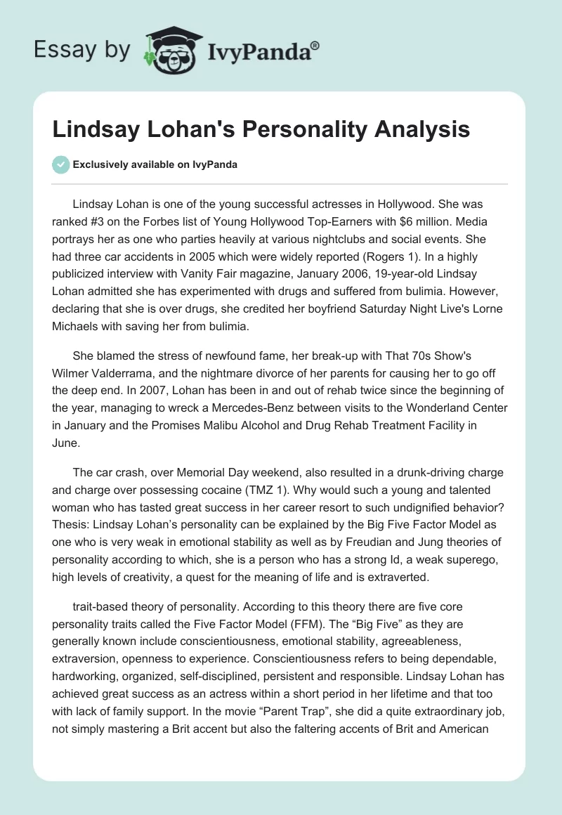 Lindsay Lohan's Personality Analysis. Page 1