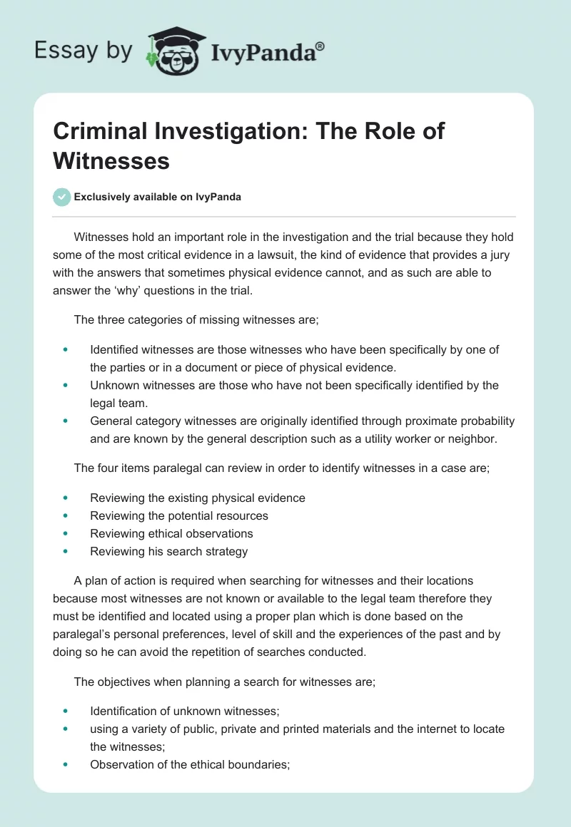 Criminal Investigation: The Role of Witnesses. Page 1
