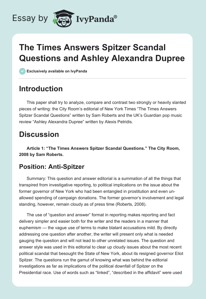 "The Times Answers Spitzer Scandal Questions" and "Ashley Alexandra Dupree". Page 1