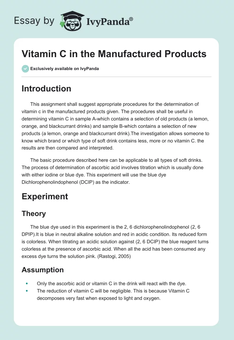 Vitamin C in the Manufactured Products. Page 1