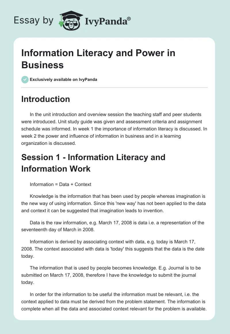 Information Literacy and Power in Business. Page 1