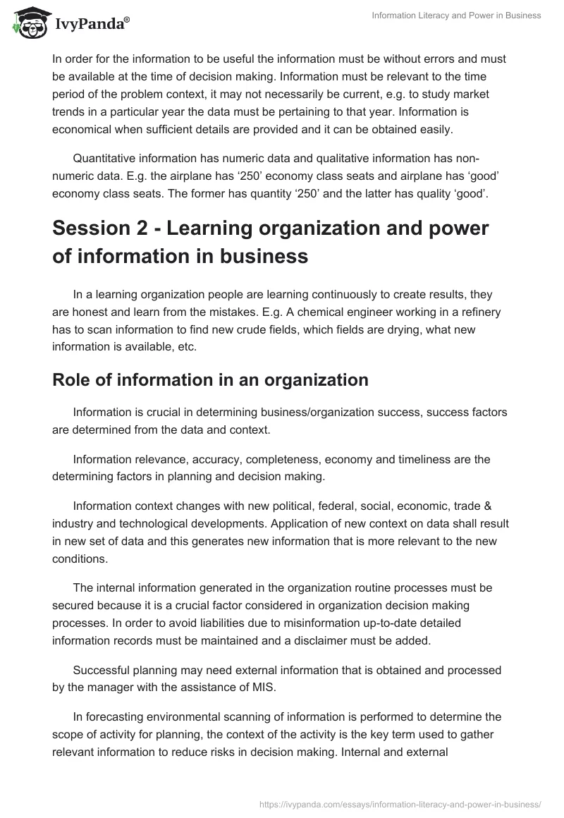 Information Literacy and Power in Business. Page 2