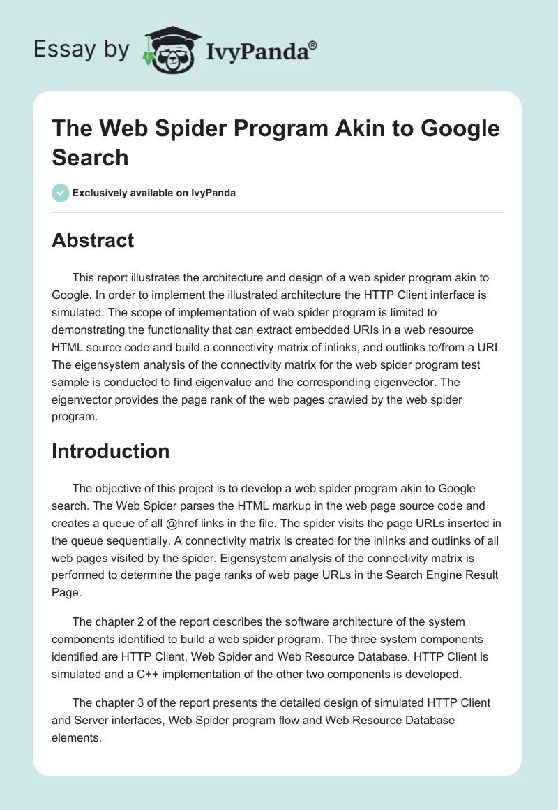 The Web Spider Program Akin to Google Search. Page 1