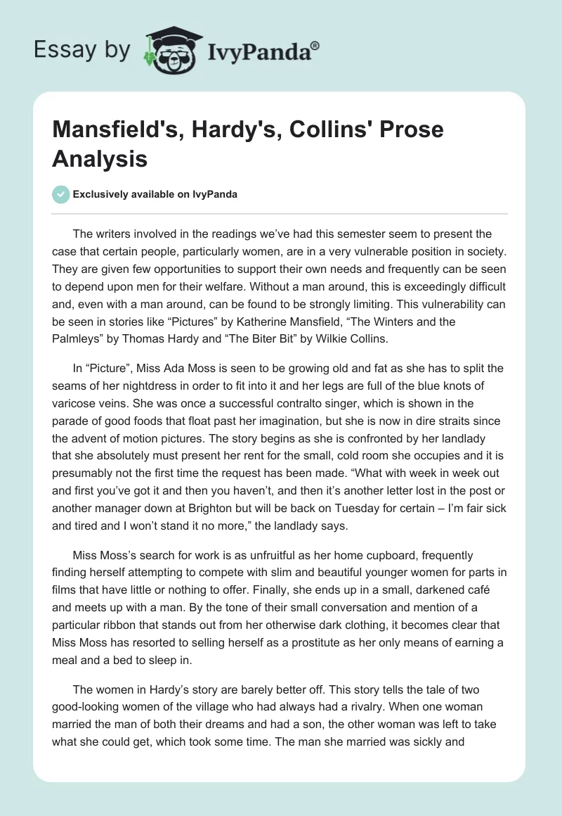 Mansfield's, Hardy's, Collins' Prose Analysis. Page 1